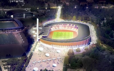 stadio olimpico helsinki, vista in alto, notte, helsinki, finlandia, stadio di calcio, squadra di calcio nazionale della finlandia, stadi in finlandia