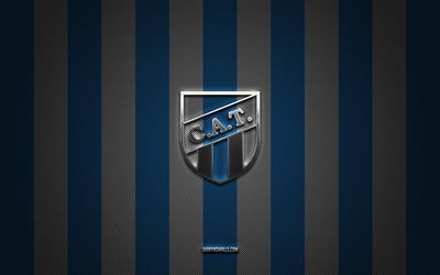 club atletico tucuman logo, argentinischer fußballverein, argentinischer primera division, blue white carbon hintergrund, club atletico tucuman emblem, fußball, club atletico tucuman, argentinien, club atletico tucuman silver metal logo
