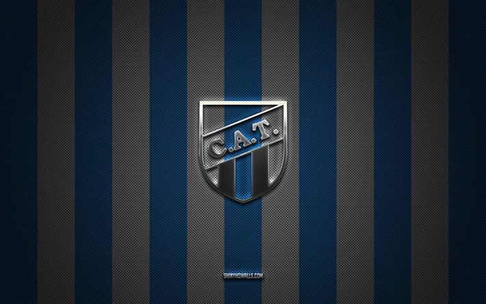 club atletico tucumanロゴ, アルゼンチンフットボールクラブ, アルゼンチンプリメラ部門, ブルーホワイトカーボンの背景, クラブアトレティコトゥークマンエンブレム, フットボール, クラブアトレティコトゥークマン, アルゼンチン, club atletico tucuman silver metal logo