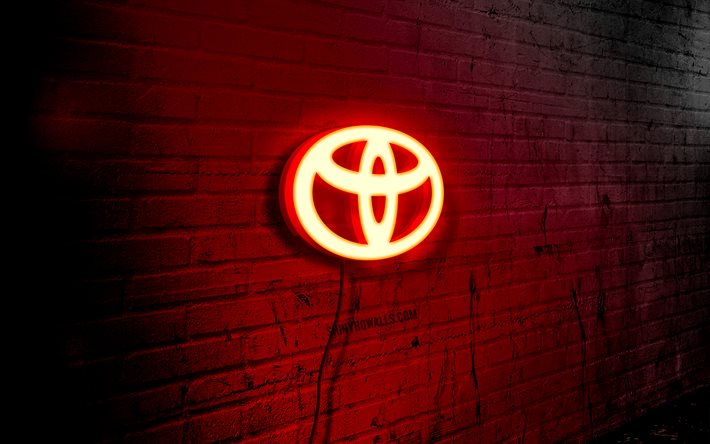 Toyota neon logo, 4k, red brickwall, grunge art, creative, cars brands, logo on wire, Toyota blue logo, Toyota logo, artwork, Toyota