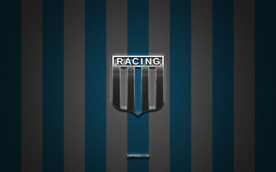 Racing Club logo, Argentina football club, Argentina Primera Division, blue white carbon background, Racing Club emblem, football, Racing Club, Argentina, Racing Club silver metal logo