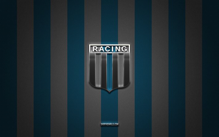 logo du club de course, argentine football club, argentine primera division, blue white carbon background, racing club emblem, football, racing club, argentine, racing club silver metal logo