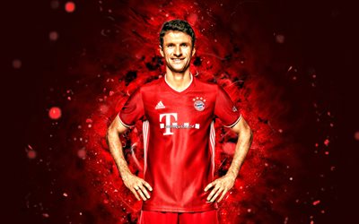 Thomas Muller, 4k, Bayern Munich FC, red neon lights, Bundesliga, german footballers, soccer, Thomas Muller 4k, red abstract background, Thomas Muller Bayern Munich