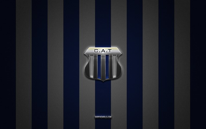 club atletico telleres logo, argentinischer fußballverein, argentinischer primera -division, blue white carbon hintergrund, club atletico täreres emblem, fußball, club atletico rangeres, argentinien, club atletico treleres silver metal logo
