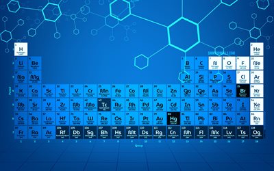 4k, tabla periódica azul, arte abstracto, conceptos químicos, tabla creativa, periódica de los elementos químicos, obras de arte, tabla periódica de mendeleevs, tabla periódica, elementos químicos