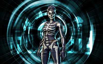 Skull Ranger, 4k, blue abstract background, Fortnite, abstract rays, Skull Ranger Skin, Fortnite Skull Ranger Skin, Fortnite characters, Skull Ranger Fortnite