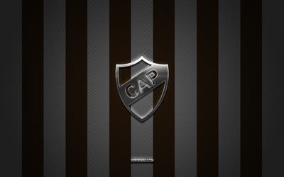 kulüp atletico platense logo, arjantin futbol kulübü, arjantin primera bölümü, beyaz siyah karbon arka plan, kulüp atletico platsee amblemi, futbol, ​​kulüp atletico platse, arjantin, kulüp atletico platse gümüş metal logosu
