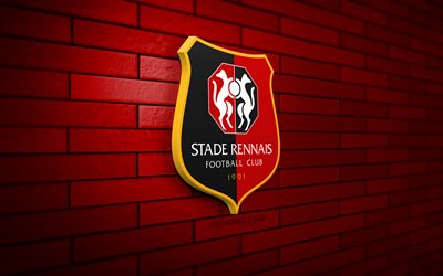 stade rennais 3d logo, 4k, red brickwall, ligue 1, futebol, clube de futebol francês, logotipo stade rennais, emblema stade rennais, stade rennais, logotipo esportivo, stade rennais fc