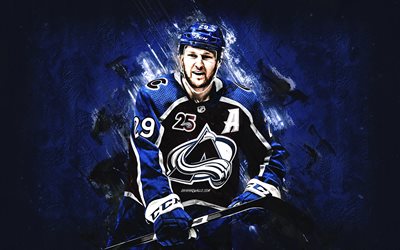 nathan mackinnon, colorado avalanche, nhl, giocatore di hockey canadese, ritratto, sfondo blu in pietra, hockey, national hockey league, usa