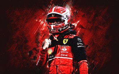 チャールズ・ルクレール, scuderia ferrari, 式1, モネガスクレーシングドライバー, 赤い石の背景, f1, フェラーリ, レーシングドライバー