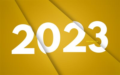 4k, 2023 سنة جديدة سعيدة, خلفية شريحة الورق الصفراء, 2023 مفاهيم, تصميم المواد الصفراء, عام جديد سعيد 2023, الفن ثلاثي الأبعاد, خلاق, 2023 خلفية صفراء, 2023 سنة, 2023 الأرقام 3d