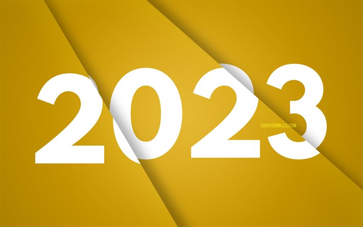 4k, 2023 سنة جديدة سعيدة, خلفية شريحة الورق الصفراء, 2023 مفاهيم, تصميم المواد الصفراء, عام جديد سعيد 2023, الفن ثلاثي الأبعاد, خلاق, 2023 خلفية صفراء, 2023 سنة, 2023 الأرقام 3d