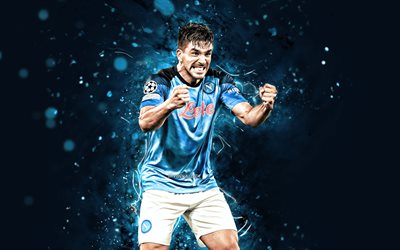 Giovanni Simeone, 4k, blue neon lights, Napoli FC, soccer, Serie A, Argentine footballers, Giovanni Simeone 4K, blue abstract background, football, SSC Napoli, Giovanni Simeone Napoli