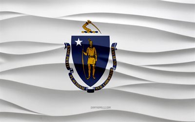 4k, Flag of Massachusetts, 3d waves plaster background, Massachusetts flag, 3d waves texture, American national symbols, Day of Massachusetts, American states, 3d Massachusetts flag, Massachusetts, USA