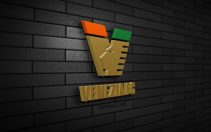 venezia fc 3d -logo, 4k, black brickwall, serie a, fußball, italienischer fußballverein, venezia fc -logo, venezia fc emblem, venezia calcio, sportlogo, venezia fc