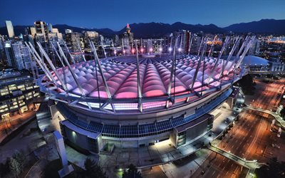 4k, bc place, vancouver, aerial view, bc lions stadium, cfl, british columbia, canadá, bc lions, canadian football league, vancouver cityscape, vancouver stadiums