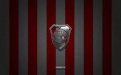 river plate logo, argentinischer fußballverein, argentinische primera -abteilung, rot weißer kohlenstoffhintergrund, flussplatten -emblem, fußball, flussplatte, argentinien, flussplatte silber metal logo