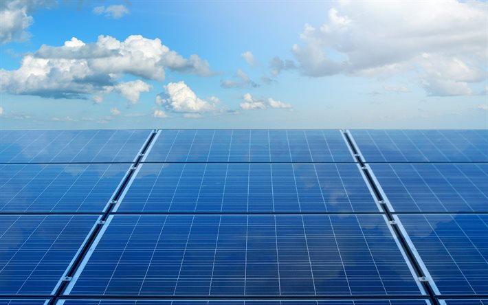 4k, ソーラーパネル, 青空, 太陽光エネルギー, 代替エネルギー源, グリーンエネルギー, 空に対するソーラーパネル, 発電, 電気