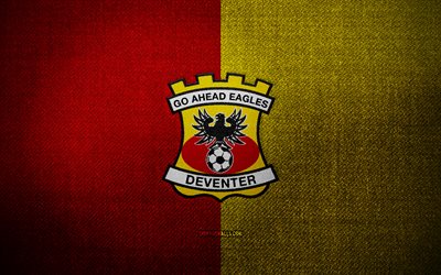 Go Ahead Eagles badge, 4k, red yellow fabric background, Eredivisie, Go Ahead Eagles logo, Go Ahead Eagles emblem, sports logo, dutch football club, Go Ahead Eagles, soccer, football, Go Ahead Eagles FC