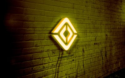 rivian neon -logo, 4k, gelbe brickwall, grunge -kunst, kreativ, autosmarken, logo auf draht, rivian yellow logo, rivian logo, kunstwerk, rivian