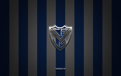 velez sarsfield logo, argentinischer fußballverein, argentinische primärabteilung, blue white carbon hintergrund, velez sarsfield emblem, fußball, velez sarsfield, argentinien, velez sarsfield silver metal logo
