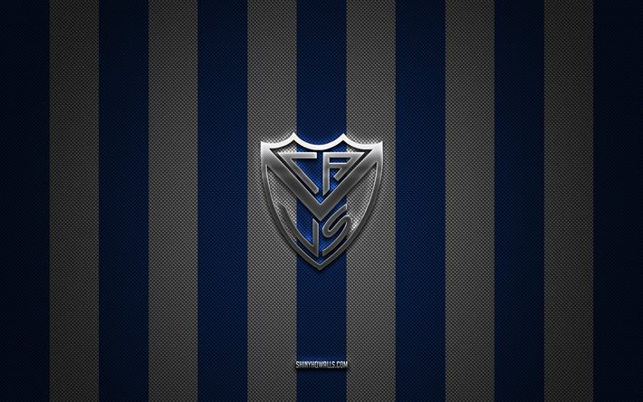 velez sarsfield logosu, arjantin futbol kulübü, arjantin primera bölümü, mavi beyaz karbon arka plan, velez sarsfield amblemi, futbol, ​​velez sarsfield, arjantin, velez sarsfield gümüş metal logosu