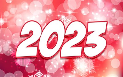 2023 happy new year, 4k, sfondo rosa dei fiocchi di neve, cifre 3d rosa, 2023 concetti, creativi, 2023 cifre 3d, felice anno nuovo 2023, creativo, 2023 sfondo rosa, 2023 anni, 2023 concetti invernali