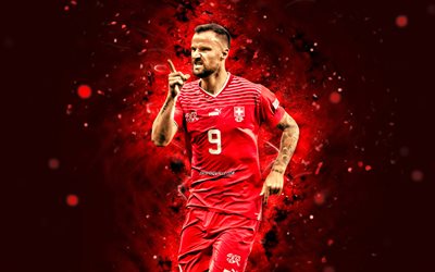 Haris Seferovic, 4k, 2022, red neon lights, Switzerland National Team, soccer, footballers, red abstract background, Swiss football team, Haris Seferovic 4K