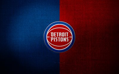 Detroit Pistons badge, 4k, blue red fabric background, NBA, Detroit Pistons logo, Detroit Pistons emblem, basketball, sports logo, Detroit Pistons flag, american basketball team, Detroit Pistons