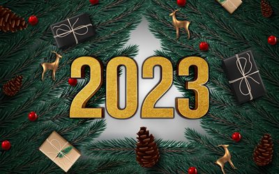 4k, 2023明けましておめでとうございます, クリスマスツリー, ゴールデングリッターディジット, 2023概念, クリスマスの飾り, 2023 3d桁, クリスマスの装飾, 明けましておめでとう2023, クリスマスフレーム, 2023クリスマスの背景, 2023年, メリークリスマス