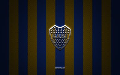 Boca Juniors logo, Argentine football club, Argentine Primera Division, blue yellow carbon background, Boca Juniors emblem, football, Boca Juniors, Argentina, Boca Juniors silver metal logo