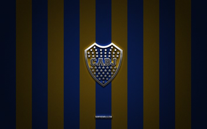 Boca Juniors logo, Argentine football club, Argentine Primera Division, blue yellow carbon background, Boca Juniors emblem, football, Boca Juniors, Argentina, Boca Juniors silver metal logo