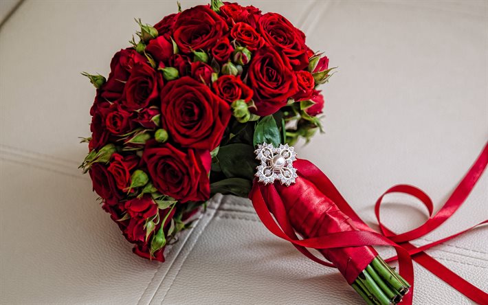 rose rosse, 4k, bouquet da sposa, rose, concetti di nozze, bouquet di rose rosse, bouquet rosso, bellissimi fiori, sfondo del matrimonio