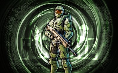 4k, master chief, fortnite, vert grunge spirale fond, fortnite master chief skin, master chief fortnite caractère, master chief fortnite, fortnite caractères, grunge art, master chief skin