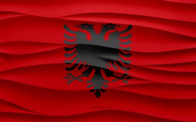 4k, Flag of Albania, 3d waves plaster background, Albania flag, 3d waves texture, Albanian national symbols, Day of Albania, European countries, 3d Albania flag, Albania, Europe, Albanian flag