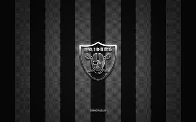 logotipo de las vegas raiders, equipo de fútbol americano, nfl, fondo de carbono blanco negro, emblema de las vegas raiders, fútbol americano, logotipo de metal plateado de las vegas raiders, las vegas raiders