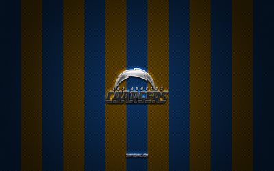 Los Angeles Chargers logo, american football team, NFL, blue yellow carbon background, Los Angeles Chargers emblem, american football, Los Angeles Chargers silver metal logo, Los Angeles Chargers, LA Chargers