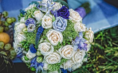 buquê de casamento azul, 4k, azul buquê de noiva, azul buquê de rosas brancas, conceitos de casamento, buquê de rosas, rosas azuis, rosas brancas, lindo buquê