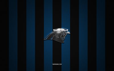 Carolina Panthers logo, american football team, NFL, blue black carbon background, Carolina Panthers emblem, american football, Carolina Panthers silver metal logo, Carolina Panthers