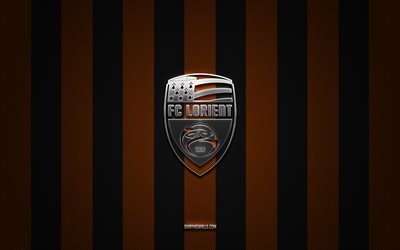 fc lorient-logo, französischer fußballverein, ligue 1, orange-schwarzer karbonhintergrund, fc lorient-emblem, fußball, fc lorient, frankreich, fc lorient-silbermetalllogo