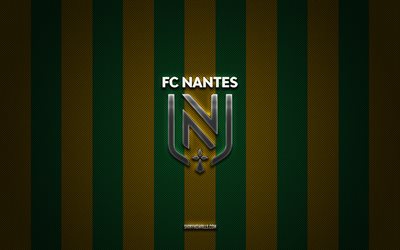 FC Nantes logo, French football club, Ligue 1, green yellow carbon background, FC Nantes emblem, football, FC Nantes, France, FC Nantes silver metal logo