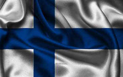 finlândia bandeira, 4k, países europeus, cetim bandeiras, bandeira da finlândia, dia da finlândia, ondulado cetim bandeiras, bandeira finlandesa, finlandês símbolos nacionais, europa, finlândia