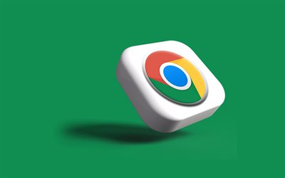 Chrome 3D logo, 4k, minimalism, green backgrounds, web browsers, Chrome button, Chrome logo, Chrome
