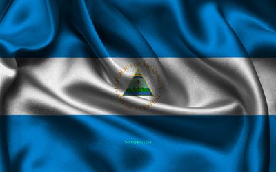 bandiera del nicaragua, 4k, paesi del nord america, bandiere di raso, giorno del nicaragua, bandiere di raso ondulate, simboli nazionali del nicaragua, nord america, nicaragua