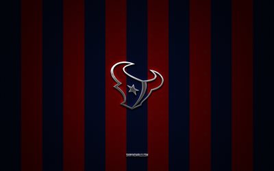 Houston Texans logo, american football team, NFL, red blue carbon background, Houston Texans emblem, american football, Houston Texans silver metal logo, Houston Texans