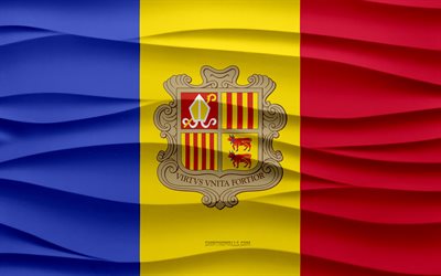4k, Flag of Andorra, 3d waves plaster background, Andorra flag, 3d waves texture, Andorra national symbols, Day of Andorra, European countries, 3d Andorra flag, Andorra, Europe
