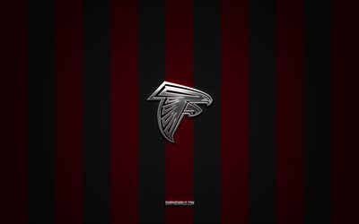logo degli atlanta falcons, squadra di football americano, nfl, sfondo rosso nero carbone, emblema degli atlanta falcons, football americano, logo in metallo argentato degli atlanta falcons, atlanta falcons