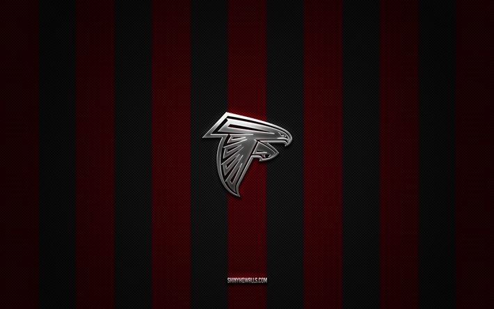 logo des falcons d atlanta, équipe de football américain, nfl, fond de carbone noir rouge, emblème des falcons d atlanta, football américain, logo en métal argenté des falcons d atlanta, falcons d atlanta