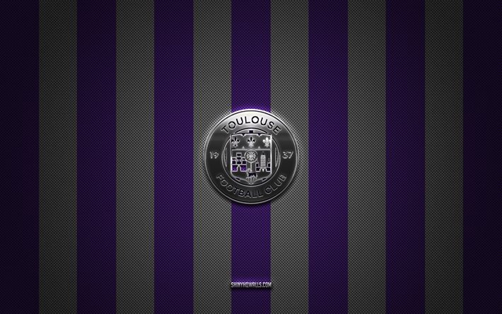 Toulouse FC logo, French football club, Ligue 1, purple and white carbon background, Toulouse FC emblem, football, Toulouse FC, France, Toulouse FC silver metal logo