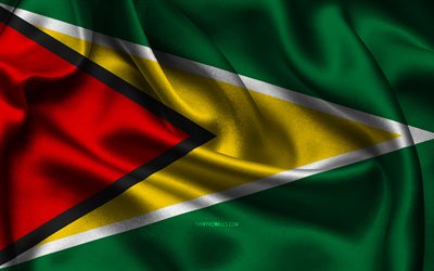 ガイアナの旗, 4k, 南米諸国, サテンフラグ, ガイアナの日, 波状のサテンの旗, ガイアナの国のシンボル, 南アメリカ, ガイアナ